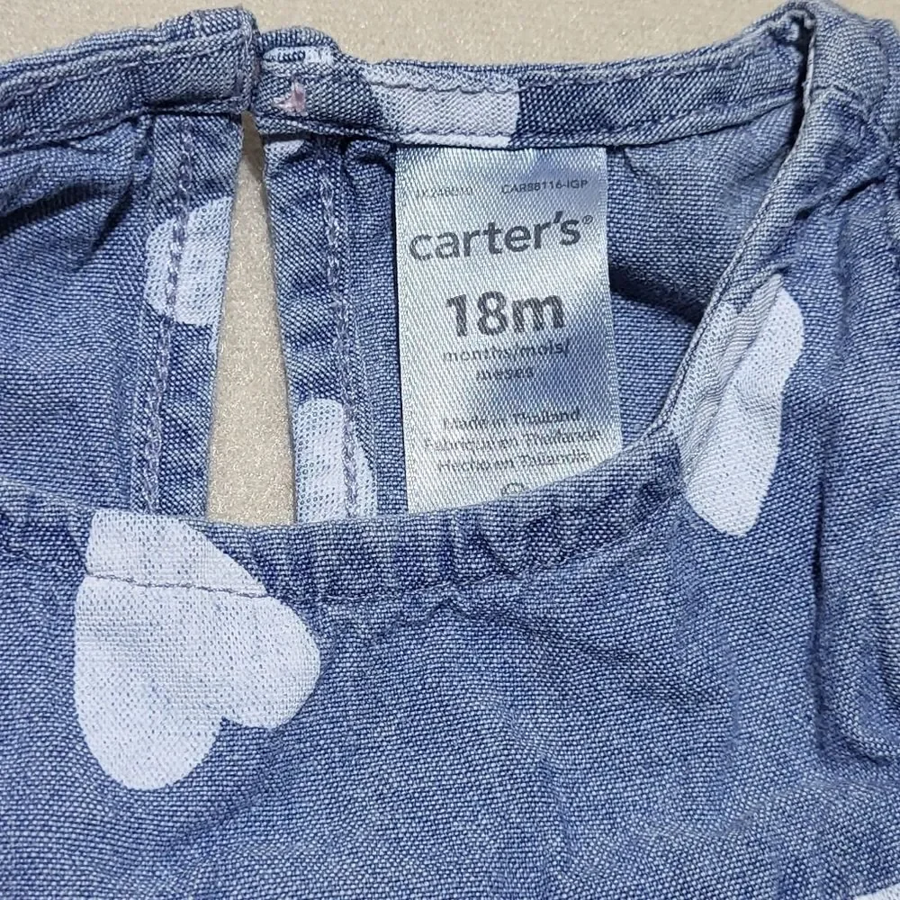 Carter's Baby Heart Print Ruffle Sleeve Denim Dress Size 18M EUC